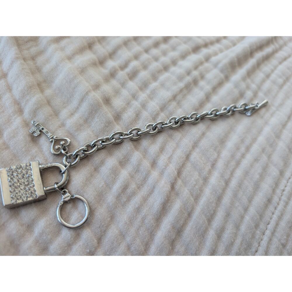 bebe Silver Tone Lock & Key Key Chain Rhinestone Accents charm bracelet 9 in